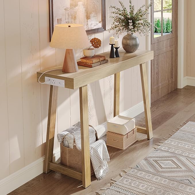 Huuger Entryway Console Table with Charging Station, USB-C Port, 39.4 Inch Sofa Table with Metal Legs, Entry Hallway Table with Thicker Desktop, Modern Behind Couch Table, Natural