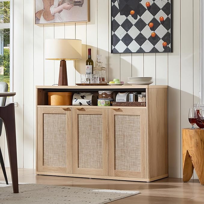 LEYAOYAO Rattan Sideboard Buffet Cabinet,45" Coffee Bar Cabinet with 3 Doors & Open Storage Shelf,Modern Credenza Console Table for Living Room Rattan Farmhouse entryway Natural