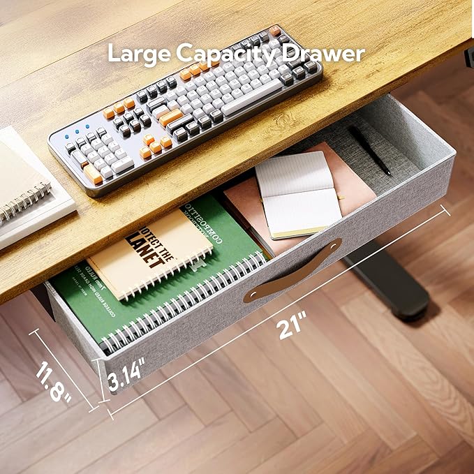 Seang Standing Desk with Drawer, 48" x 24" Height Adjustable Stand Up Desk, 3 Memory Height Settings with Cable Grommets & Storage Hooks, Ideal for Home & Office, Rustic Brown