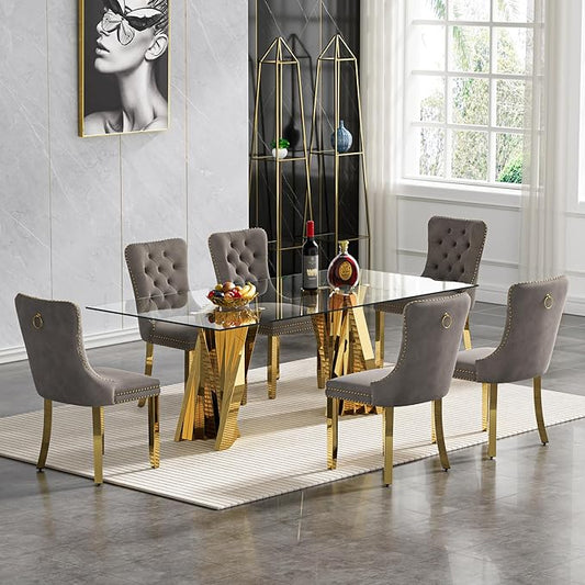 7 Piece Dining Table Set with 6 Grey Dining Chairs, Modern Glass Kitchen Table and Chairs Set for 6, 70" Rectangle Gold Glass Pedestal Dining Room Tables with Flash-Shape Stainless Steel Base