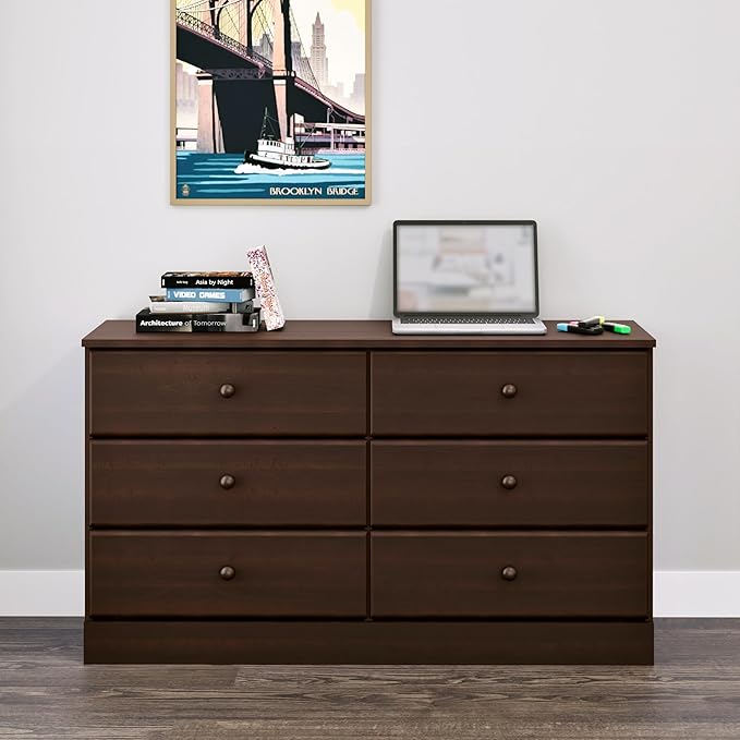 Prepac Astrid 6 Drawer Double Dresser for Bedroom, Wide Chest of Drawers, Bedroom Furniture, Clothes Storage and Organizer, 15.5" D x 47.5" W x 26.85" H, Espresso