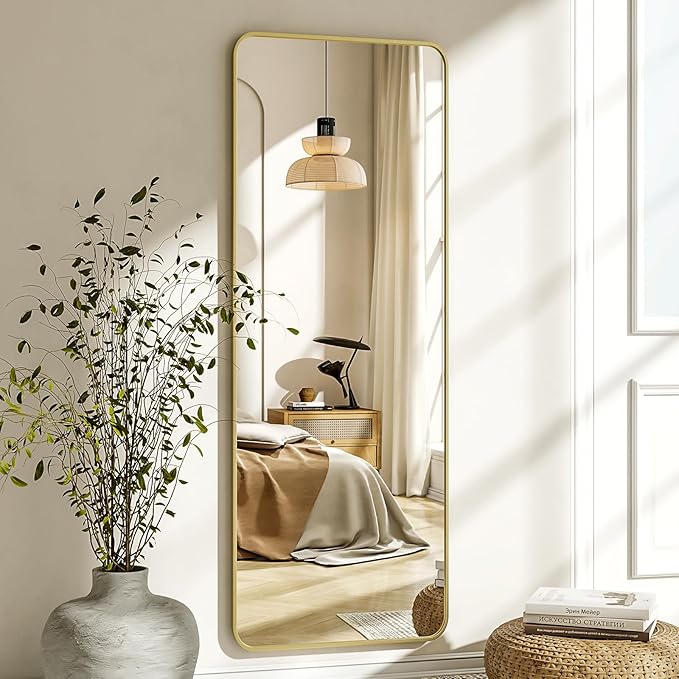 56"x21" Floor Full Length Mirror Standing Full Body Rounded Corner Rectangle Mirrors with Stand Hanging Wall Mounted Leaning Bedroom Living Room Bedroom Cloakroom,Gold