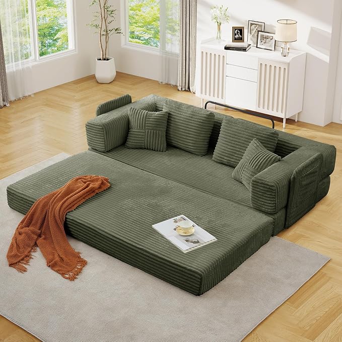 Antetek Convertible Sofa Bed, Comfy Corduroy Fluffy Love seat Sleeper Sofa, 5 in 1 Folding Couch Bed, Fold Out Floor Couch with Pillows for Bedroom, Living Room, Office, Wide Stripes, Green