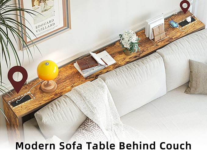 TIQLAB Sofa Table, 79''L x 9.1''W (1.2'' Thickness) Long Console Table Behind Couch, Entryway Table with Angled Metal Frame, Industrial Console Table, Rustic Brown