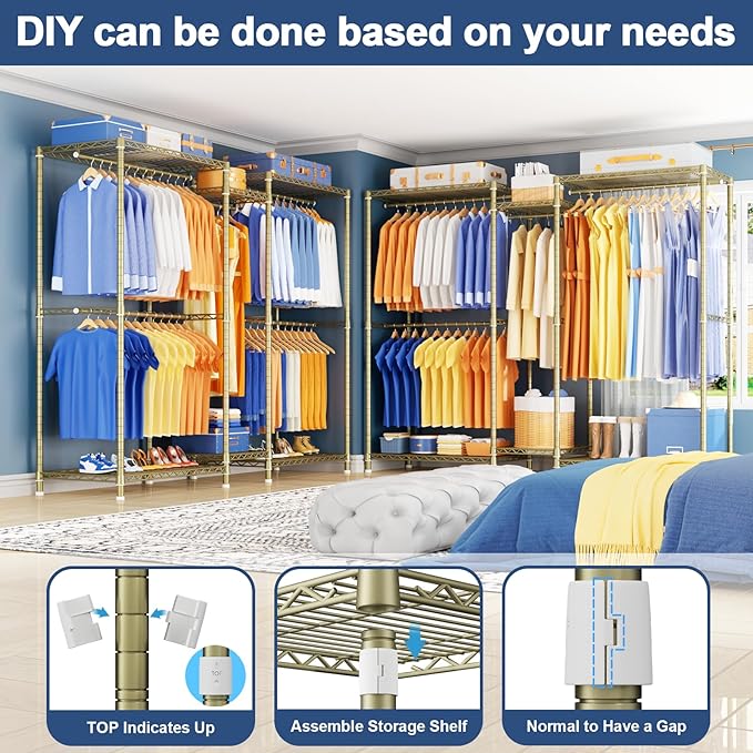 Ulif E12 Clothes Rack，Heavy Duty Freestanding Garment Rack with Shelves，Metal Clothing Closet Storage System for Hanging Clothes，71" W x 16" D x 76.5" H, Hold 960 lbs，Gold