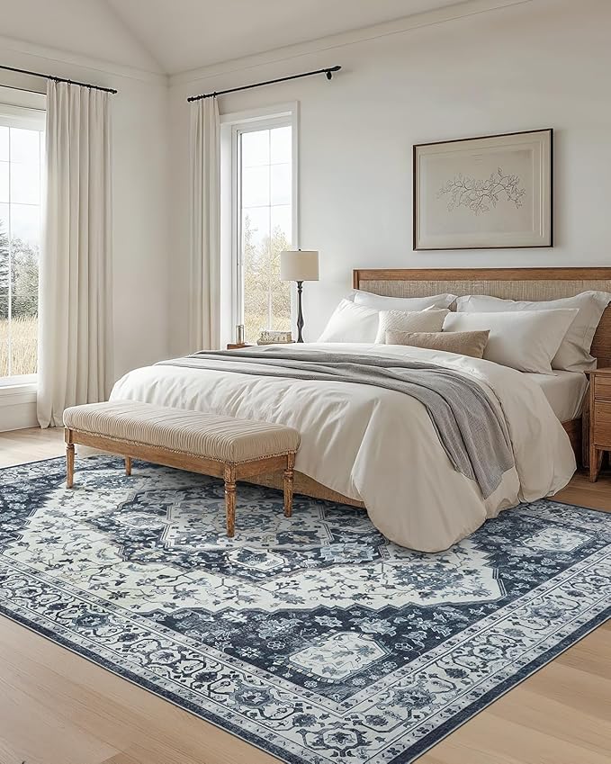 AMADA HOMEFURNISHING 9x12 Area Rug, Washable Low-Profile Large Area Rug with Non-Slip Backing & Durable Edge Binding, Vintage Large Rugs for Living Room, Bedroom