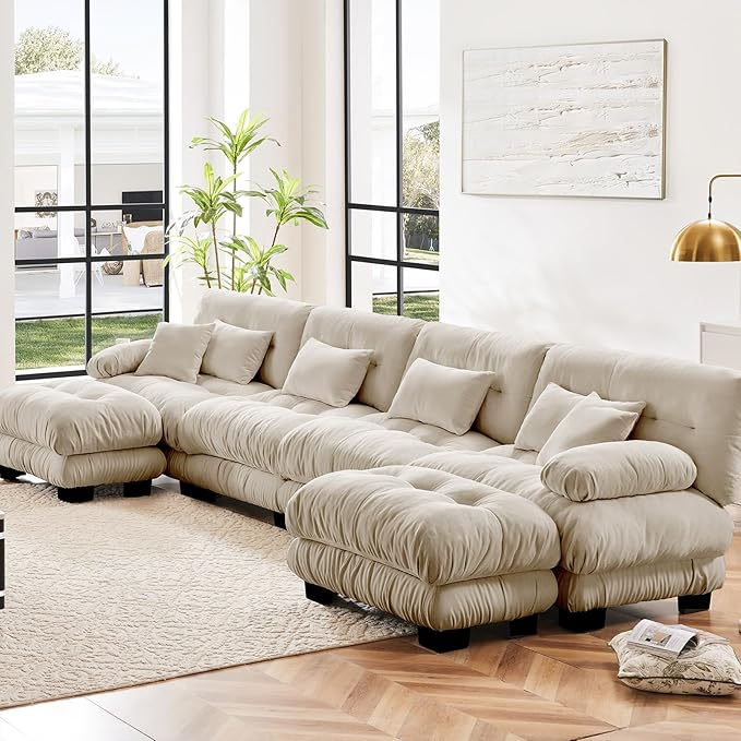 173.2" Oversized Couch, 4 Seater Modular Sectional Sofa, Beige Large U Shaped Sectional Fluffy Couch Set, Chenille Cloud Couches with Ottoman, Deep Seat Sofas for Living Room