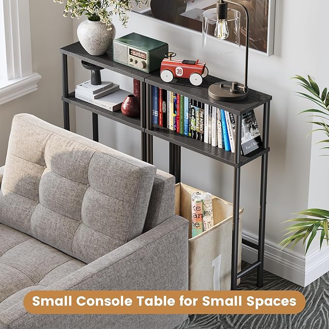 Narrow Console Table, 15.7" Small Entryway Table, 2-Tier Sofa Table with Storage, Skinny Console Tables for Entryway, Hallway, Bedroom, Living Room, Foyer, Black