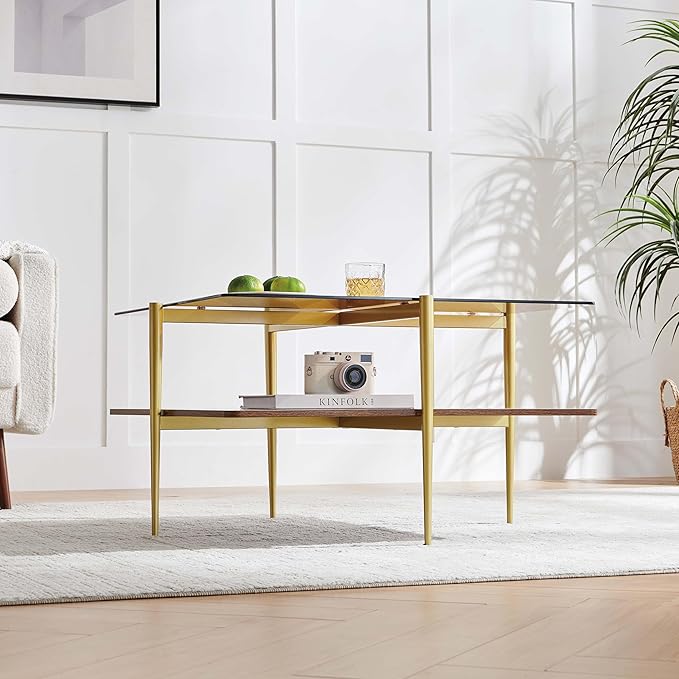 Square Coffee Table, Mid-Century Modern Design, L30 x W30 x H17 Inch, for Living Room, 2-Tier Structure, Amber Glass Top and Walnut Wood Shelf, Sleek Conical Metal Legs with Gold Finish
