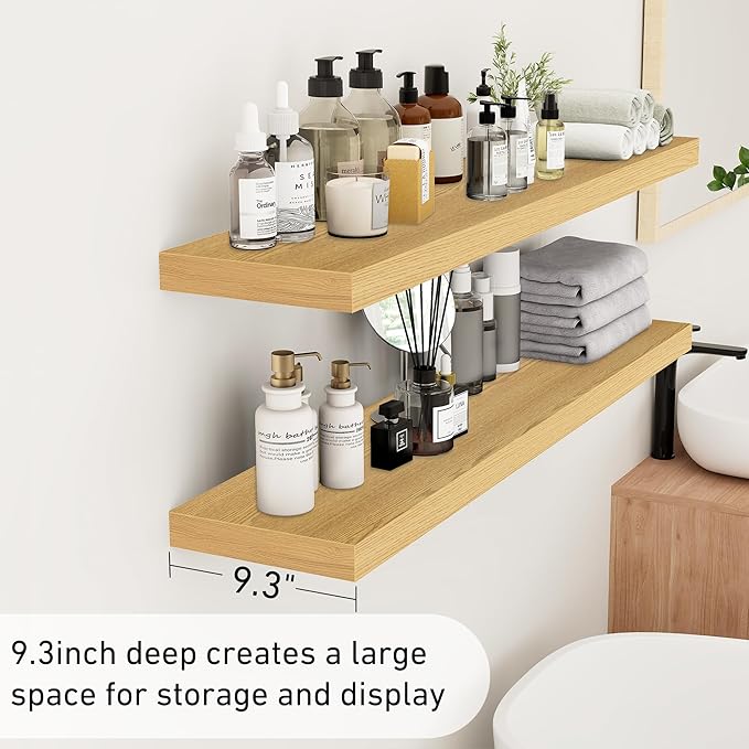 Fun Memories Floating Shelves 48 Inch Long, 9.3Inch Deep Floating Shelves for Wall, Extra Deeper & Thicker Wall Mounted Storage Shelf for Kitchen, Farmhouse, Oak, 2 Pack