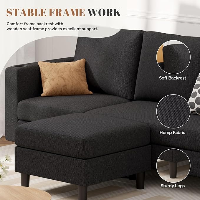 Upholstered Sectional Sofa and Couches, 78'' L Shaped 3-seat Sofa forLiving Room, Apartment, Lounge,Bedroom-Washable Covers Convertible Sofas(Linen Fabric,Black)