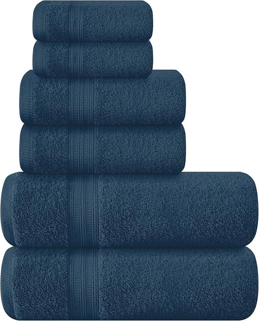 BOUTIQUO 6 Pack Cotton Towel Set, Contains 2 Bath Towels 27x54 inch, 2 Hand Towels 16x24 inch & 2 Wash Coths 12x12 inch, Ideal Everyday use, Ultra Soft Compact & Lightweight - Mineral Blue