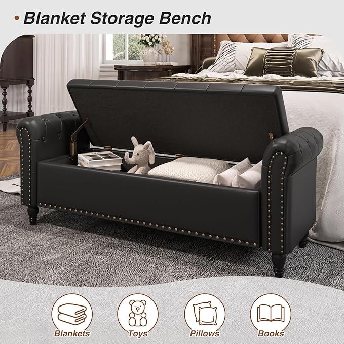 55 Inch Bedroom Bench, End of Bed Bench with Storage, Bed Benches for Foot of Bed, Faux Leather Window Bench with Rolled Arms, Upholstered Storage Bench with Tufted Button and Nailhead Trim, Black