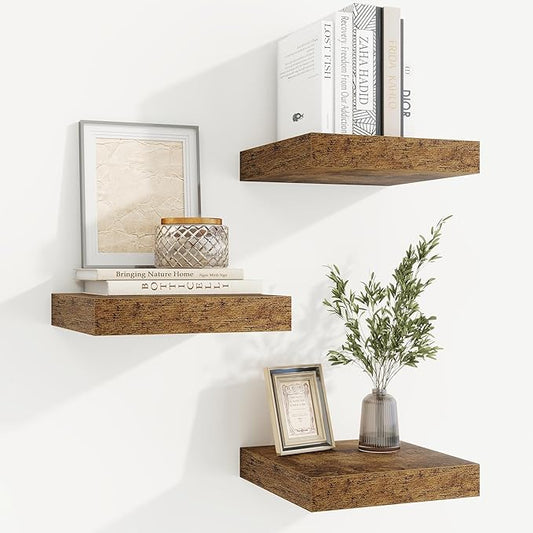fuqing Floating Shelves for Wall, Wall Mounted Wood Floating Shelf with Invisible Brackets for Living Room, Bathroom, Bedroom, Kitchen Storage and Decor,6.5 Inch Set of 3, Rustic Brown