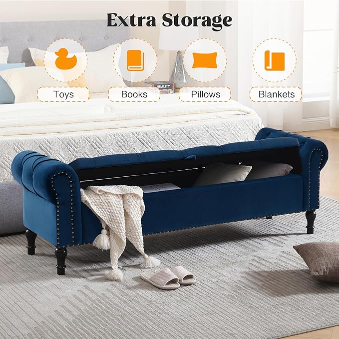 Velvet Storage Bench 67 Inch Upholstered Tufted Ottoman Bench with Arms Large Storage Space King Size End of Bed Bench for Bedroom Living Room Entryway Navy Blue
