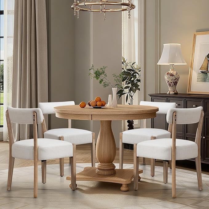 Dining Chairs,4 Pack Mid-Century Modern Wooden Kitchen Chairs with Linen Upholstery - Low-Back Woven Design for Kitchen & Dining Room,Beige Fabric