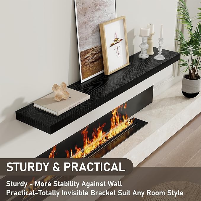 Fun Memories 48 Inch Floating Shelves for Wall 8 Inch Deep Black Shelves Set of 2, Wall Mounted Rustic Wood Long Floating Shelf, Large Display & Storage Shelf with Invisible Brackets