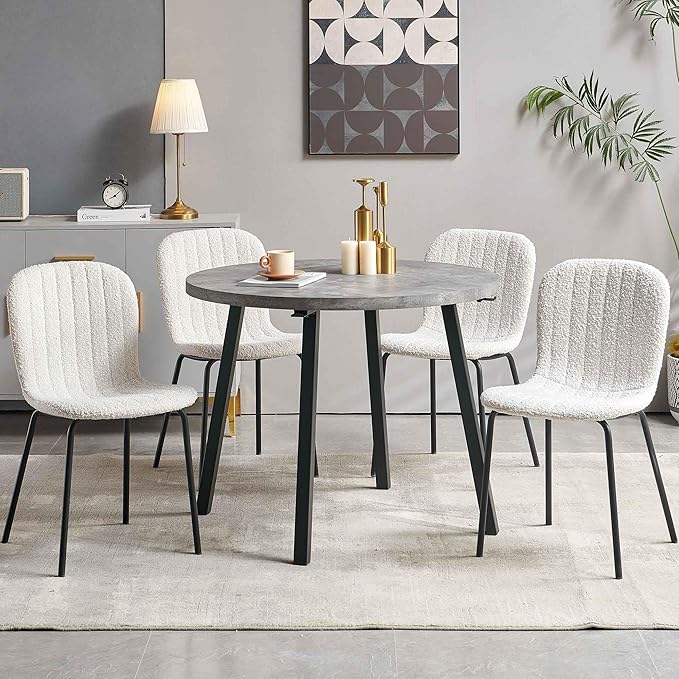 5-Piece Round Table Set for 4, 37.4" Grey Round Table with Hooks, Solid MDF Tabletop, Industrial Kitchen Table with Beige Boucle Dining Chairs for Restaurant, Dining Room