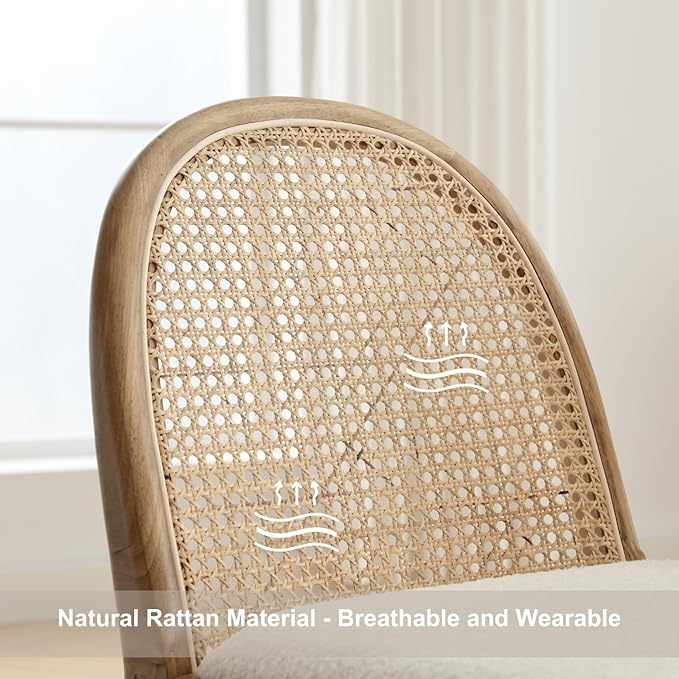 HEAH-YO Rattan Dining Chairs Set of 6, Upholstered Sherpa Dining Room Chairs with Backrests, Modern Kitchen Chairs with Wood Legs for Dining Room, White