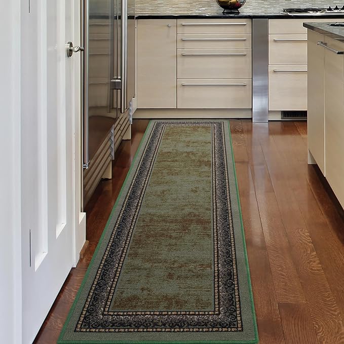 Antep Rugs Alfombras Bordered Modern 2x10 Non-Slip (Non-Skid) Low Pile Rubber Backing Indoor Area Runner Rug (Green, 2' x 10')