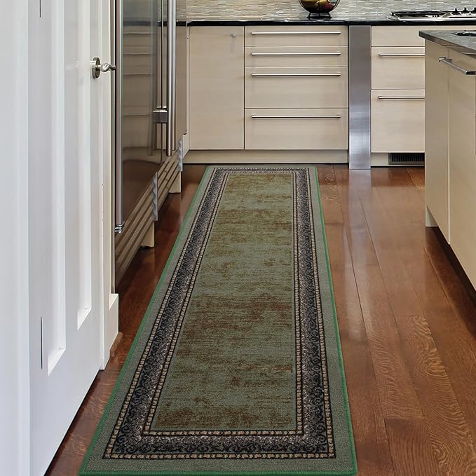 Antep Rugs Alfombras Bordered Modern 2x7 Non-Slip (Non-Skid) Low Pile Rubber Backing Indoor Area Runner Rug (Green, 2' x 7')