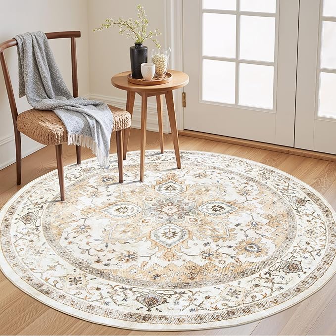 AMADA HOMEFURNISHING 4ft Round Area Rug, Low-Profile Washable 4x4 Rugs with Non-Slip Backing & Durable Edge Binding, Vintage Rug for Kitchen, Bedroom & Hallway, Beige