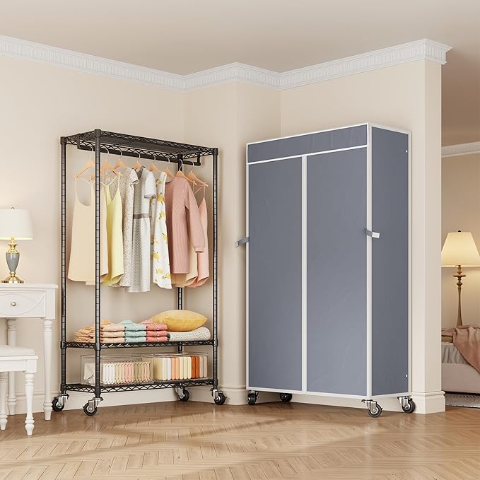 H4 Heavy Duty Clothes Rack with Cover, Rolling Garment Rack on Wheels, Portable Closet for Hanging Clothes, Black Clothing Rack with Grey Cover, Max Load 380LBS