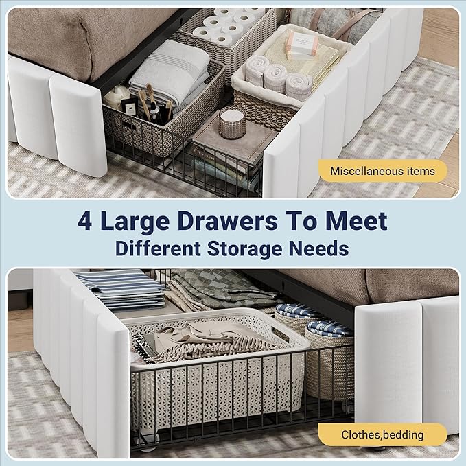 Allewie Queen Size Platform Bed Frame with 4 Large Storage Drawers, Velvet Vertical Channel Tufted Upholstered Bed Base, Wooden Slats Support, Noise-Free, No Box Spring Needed, Easy Assembly, White