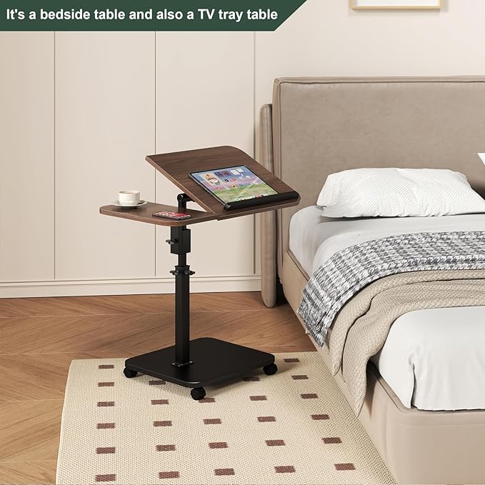 Adjustable Height C Shaped End Table with Wheels,360°Swivel Side Table, Top Tilting Laptop Stand TV Table for Sofa/Bed, Couch Tables that Slide under,Small Coffee Table for Living Room (walnut)