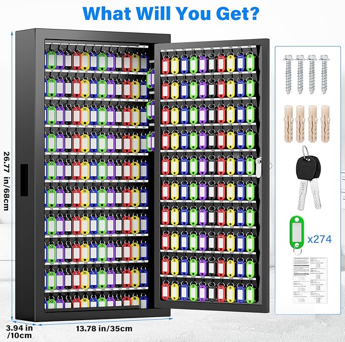 250 Keys Key Lock Box Wall Mount with Additional 24 Side Hooks and Key Tags, Anti-Theft Key Box Key Cabinet with Side Drop Slot, Key Organizer Key Safe for Home Office Garage Rental Business