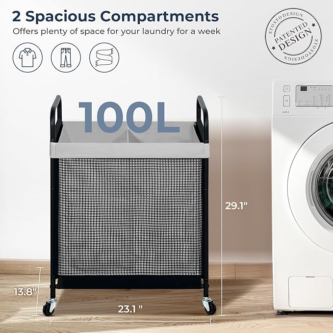 STO STO Laundry Hamper 2 Section, 100L Rolling Laundry Sorter Cart with Removable and Washable Liner Bag, Rolling Clothes Hamper with Metal Handle for Laundry Room and Bedroom, Gray