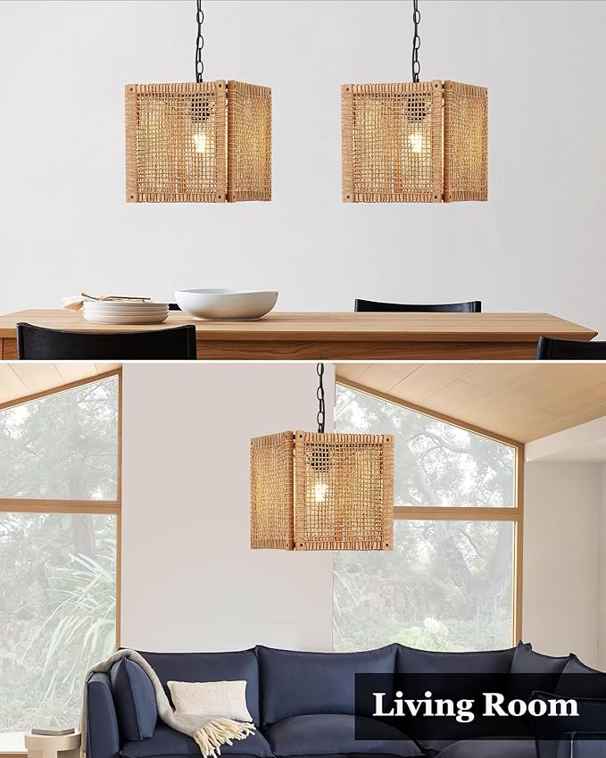 ELYONA 1-Light Rattan Pendant Light, 12" Square Solid Wood Frame Woven Pendant Light Fixtures Boho Adjustable Hanging Chandelier for Dining Room, Kitchen Island, Living Room, Bedroom, Bar, Hallway