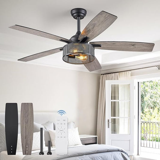 Fanbulous Farmhouse Ceiling Fans with Lights and Remote, 52 Inch Industrial Black Caged Ceiling Fans for Living Room Bedroom Kitchen, 6 Speed Reversible Quiet DC Motor, Dual Finish 5 Blades