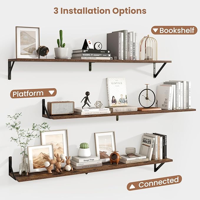 Axeman Floating Shelves for Wall 48 Inch | 47.3W x 8D Rustic Floating Shelves Set of 2 | 8" Deep Long Wall Shelves for Bathroom Kitchen Living Room | Bookshelf Display Shelves - Rustic Brown