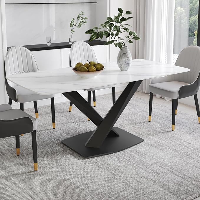 Modern Rectangle Marble Dining Table for 6,71" White Marble Sintered Stone Top Dining Table,Rectangle Dining Room Table with X-Shape Carbon Steel Pedestal for Kitchen/Living Room(Table Only)