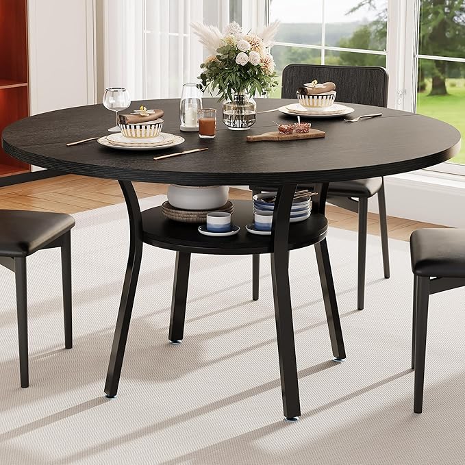 Garvee 47'' Round Dining Table for 4-6 People, Farmhouse Kitchen Dining Table, Round Dinner Table with Storage Shelf for Kitchen, Living Room (Table Only), Black