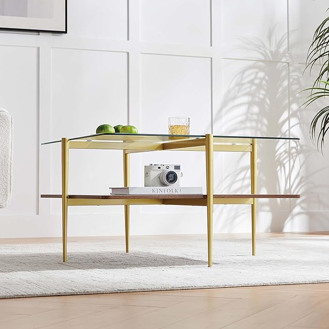 X-Large Oval Glass Coffee Table, Mid-Century Modern Design, L47 x W24 x H17 inch, for Living Room, Clear Glass Top and Walnut Finish Wood Shelf, Conical Legs with Gold Finish Frame