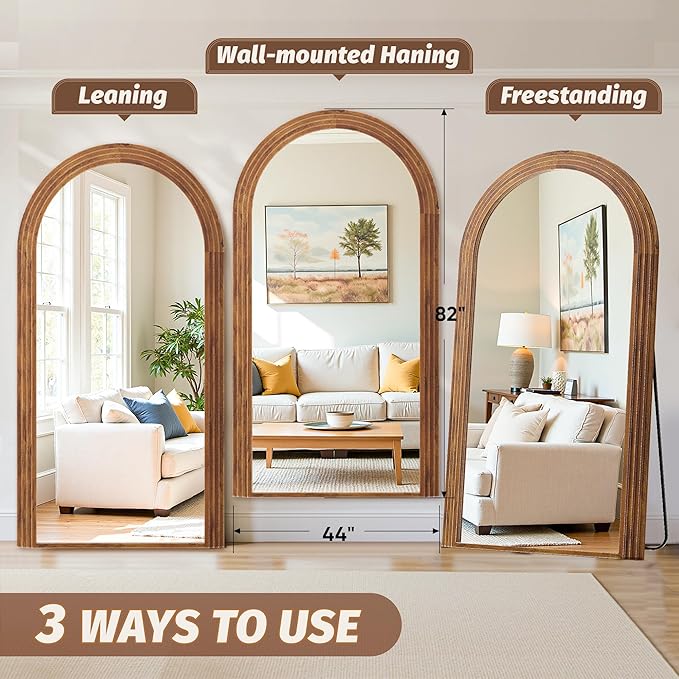 Antok Full Length Mirror 82"×44" Floor Mirror Standing Tall Mirror, Arched Stand up Large Wall Mirrors, Freestanding Full Body Mirrors for Bedroom Living Room Wood Vintage Style Brown