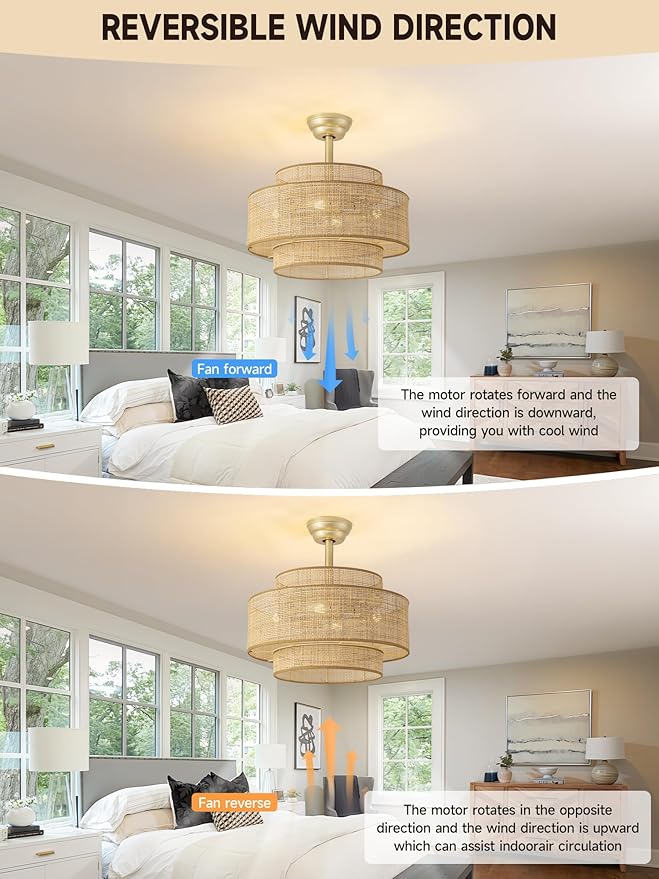 Boho Fandelier Ceiling Fan with Light Rattan Chandelier Fan Remote Gold Caged Ceiling Fan with Light for Bedroom, Living Room Nursery Foyer Kitchen（6 Speed, Timing Adjustable Height）