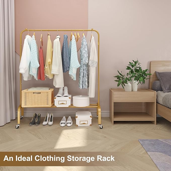 JIUYOTREE Metal Clothing Rack with Wheels 43.3 Inches Rolling Clothes Garment Coat Rack with Bottom Shelf Clothing Rack for Hanging Clothes Coats Skirts Shirts Sweaters Gold