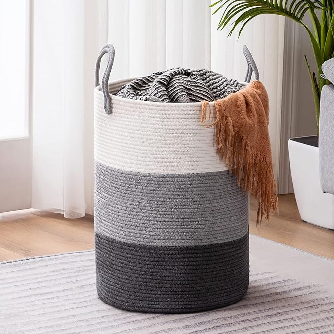 YOUDENOVA Woven Rope Laundry Hamper Basket, 58L Tall Luandry Basket, Baby Nursery Hamper for Blanket Storage, Clothes Hampers for Laundry in Bedroom
