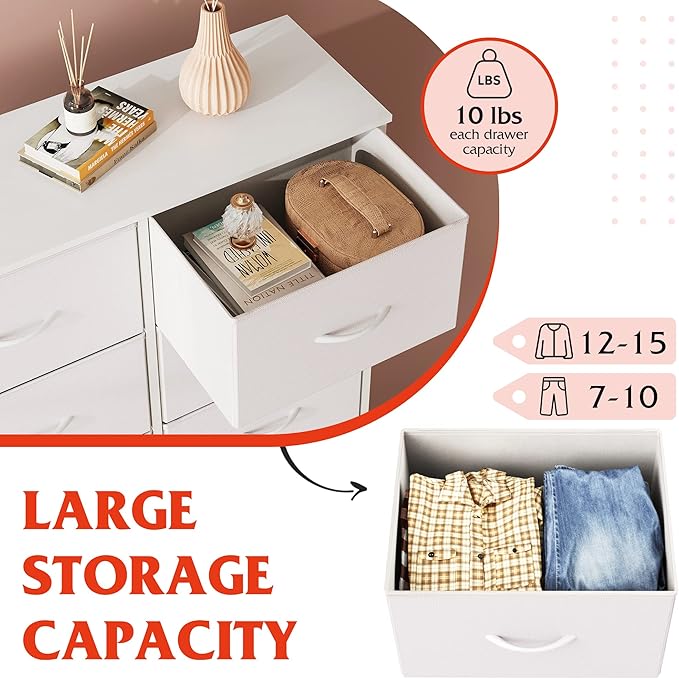 WLIVE White Dresser for Bedroom, 6 Drawer Double Dresser, Fabric Storage Tower with Fabric Bins, Chest of Drawers for Closet, Living Room, Hallway