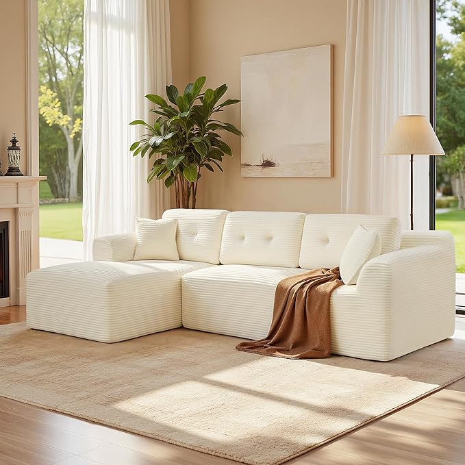 VASAGLE 108.3 Inches Boneless Couch with Chaise, Modular Sectional Sofa, Modern Cloud Couch with Deep Seat, L-Shape Corduroy Sofa for Living Room, Left-Facing Chaise, Bedroom, Cream White ULCS181WD01