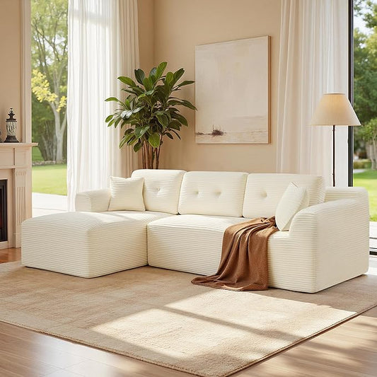 VASAGLE 108.3 Inches Boneless Couch with Chaise, Modular Sectional Sofa, Modern Cloud Couch with Deep Seat, L-Shape Corduroy Sofa for Living Room, Left-Facing Chaise, Bedroom, Cream White ULCS181WD01