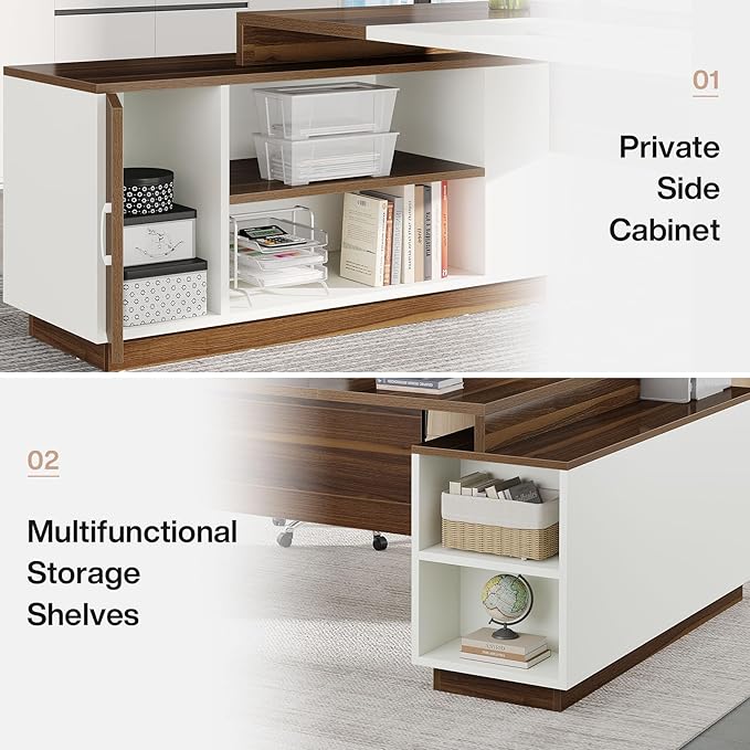 Tribesigns L-Shaped Executive Office Desk, 70.5-Inch Mid-Century Modern Executive Desk with Storage Cabinet and Shelves, Large Computer Desk for Home Office, Brown + White