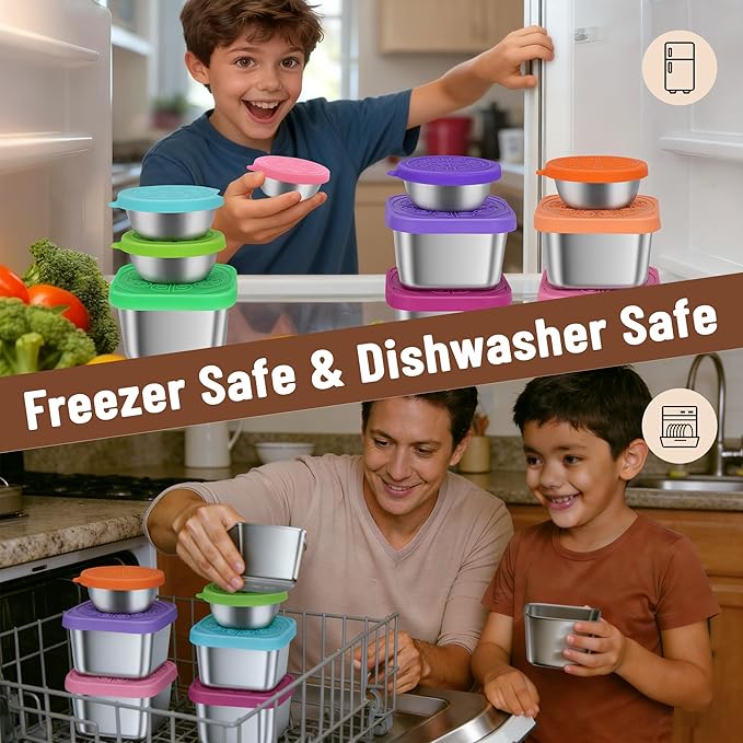 12 Pack Stainless Steel Snack Containers for Kids, 6oz & 1.6oz Leakproof Snack Salad Dressing Containers with Easy-Open Silicone Lids, Reusable Lunch Box Containers for Office & Travel