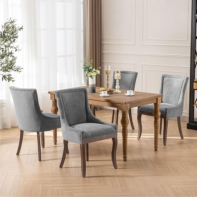 Farmhouse Dining Chairs Set of 6, Upholstered Fabric Dining Room Accent Chairs with Wood Legs & Bronze Nailhead, High Wingback Kitchen Chairs for Living Room Hotel Apartment, Gray