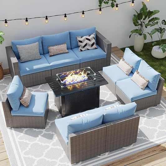 Wisteria Lane Patio Furniture Set for All Wheather, 9 Pieces Wicker Outdoor Furniture Set with Washable Cushions & Fire Pit Table, Oversized Outdoor Sectional for Garden, Poolside, Backyard, Blue