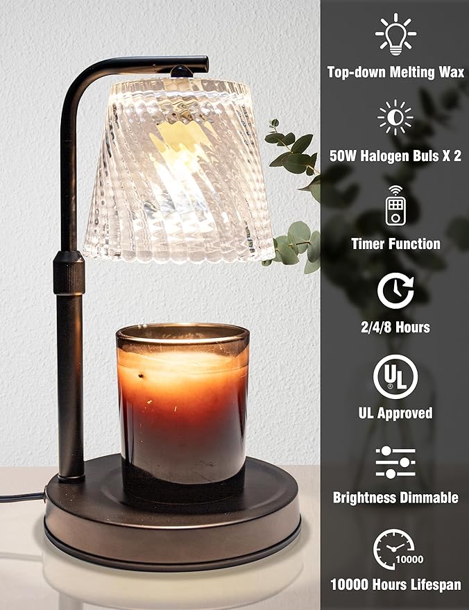 Candle Warmer Lamp with Timer Dimmable - Adjustable Electric Wax Melt Warmer Large Scented Jar Candles Lights, Birthday Gifts for Women, House Warming Gifts New Home Living Room Vintage Decor, Black
