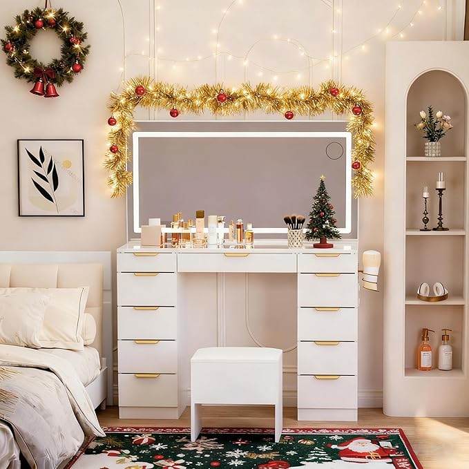 Pamapic 11 Drawers Vanity Desk with Golden Handles, Upgraded Silent Slides Vanity Mirror with Lights, 3 Lighting Modes Glass Top Makeup Vanity with Chair and Portable Mirror, Charging Station